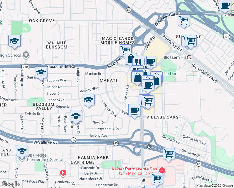 map of restaurants, bars, coffee shops, grocery stores, and more near 5688 Makati Circle in San Jose
