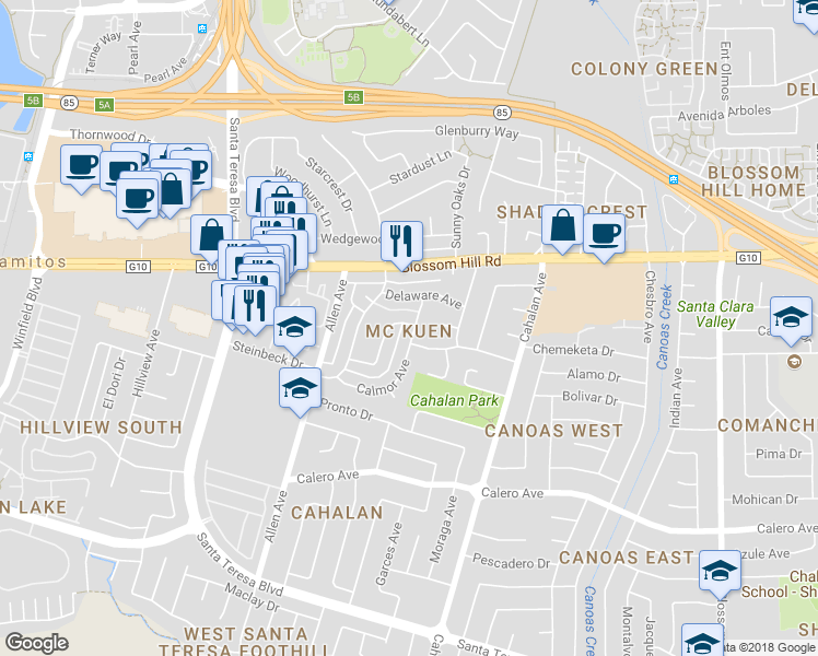 map of restaurants, bars, coffee shops, grocery stores, and more near 770 Warring Drive in San Jose