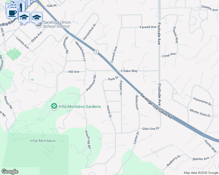 map of restaurants, bars, coffee shops, grocery stores, and more near 19897 Park Drive in Saratoga
