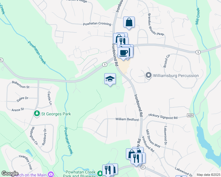 map of restaurants, bars, coffee shops, grocery stores, and more near 3131 Ironbound Road in Williamsburg