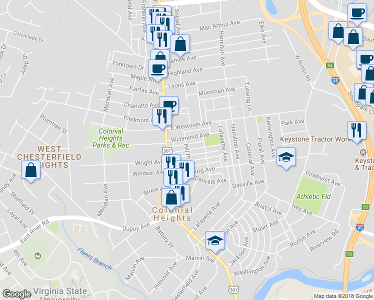 map of restaurants, bars, coffee shops, grocery stores, and more near 901 Hill Place in Colonial Heights