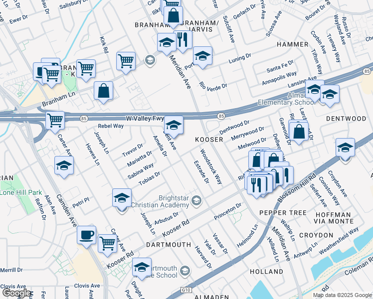 map of restaurants, bars, coffee shops, grocery stores, and more near 5258 Estrade Drive in San Jose