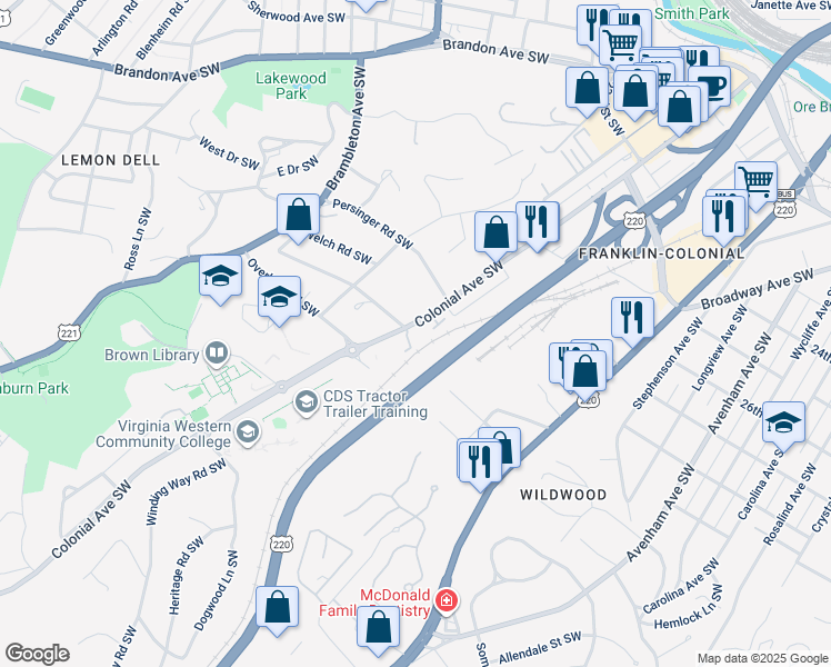 map of restaurants, bars, coffee shops, grocery stores, and more near 2840 Colonial Avenue Southwest in Roanoke