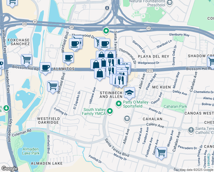 map of restaurants, bars, coffee shops, grocery stores, and more near 861 Summerbrook Lane in San Jose