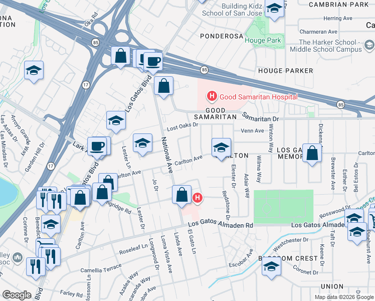 map of restaurants, bars, coffee shops, grocery stores, and more near 4875 Kinghurst Drive in San Jose