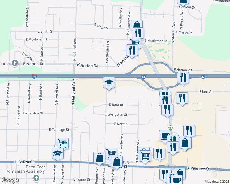 map of restaurants, bars, coffee shops, grocery stores, and more near 2814 North Fremont Avenue in Springfield
