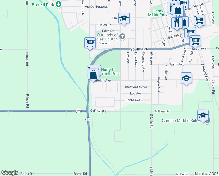 map of restaurants, bars, coffee shops, grocery stores, and more near 1400 Meredith Avenue in Gustine