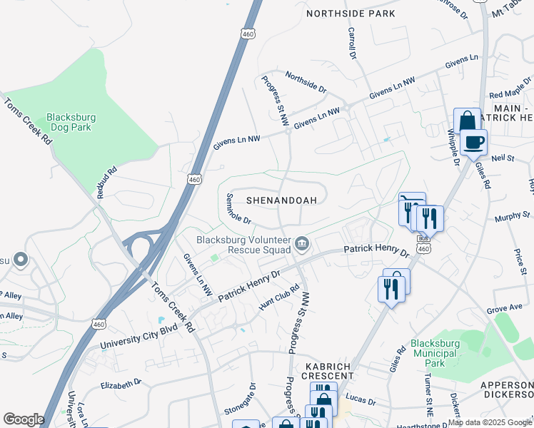 map of restaurants, bars, coffee shops, grocery stores, and more near 403 Algonquin Court in Blacksburg