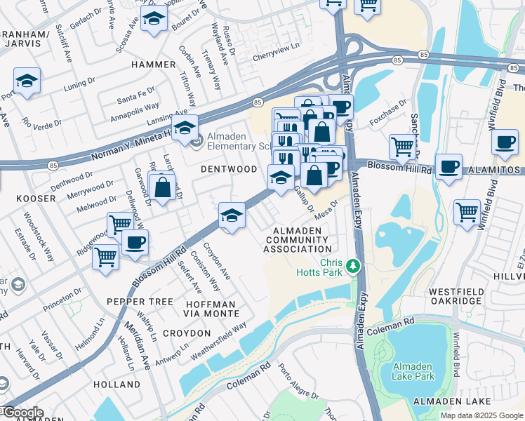 map of restaurants, bars, coffee shops, grocery stores, and more near 5679 Hoffman Court in San Jose