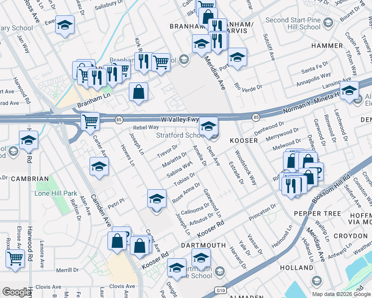 map of restaurants, bars, coffee shops, grocery stores, and more near 1556 Sabina Way in San Jose