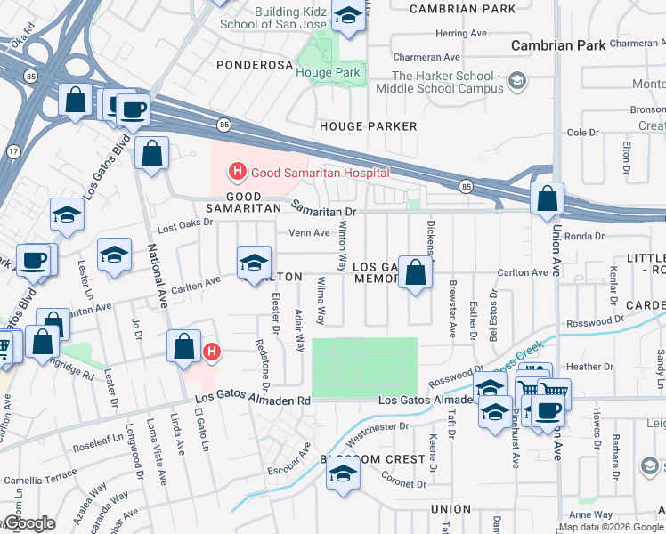 map of restaurants, bars, coffee shops, grocery stores, and more near 4912 Wilma Way in San Jose