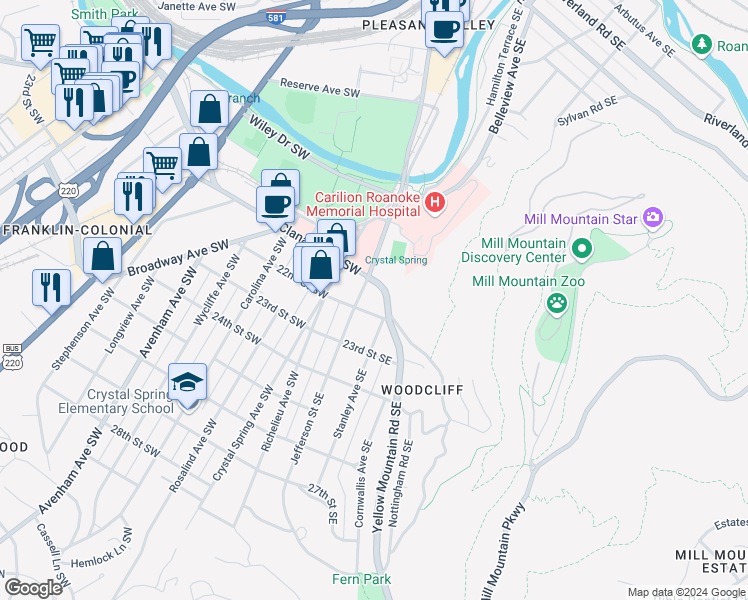 map of restaurants, bars, coffee shops, grocery stores, and more near 2125 Yellow Mountain Road Southeast in Roanoke