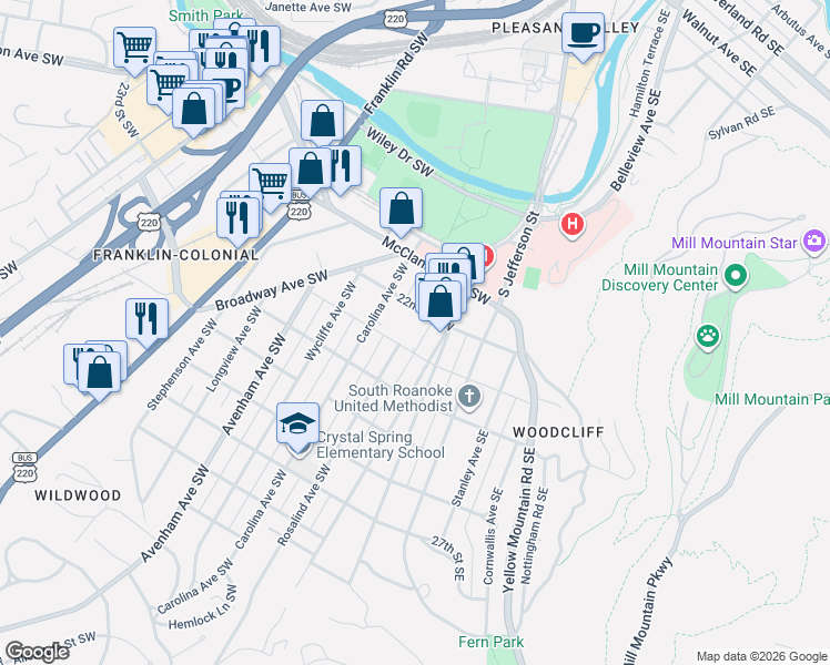 map of restaurants, bars, coffee shops, grocery stores, and more near 2302 Rosalind Avenue Southwest in Roanoke