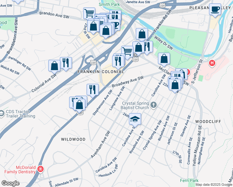 map of restaurants, bars, coffee shops, grocery stores, and more near 2504 Longview Avenue Southwest in Roanoke