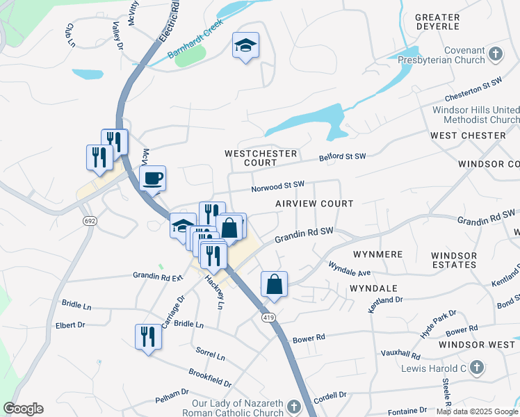 map of restaurants, bars, coffee shops, grocery stores, and more near 4733 Barclay Square in Roanoke
