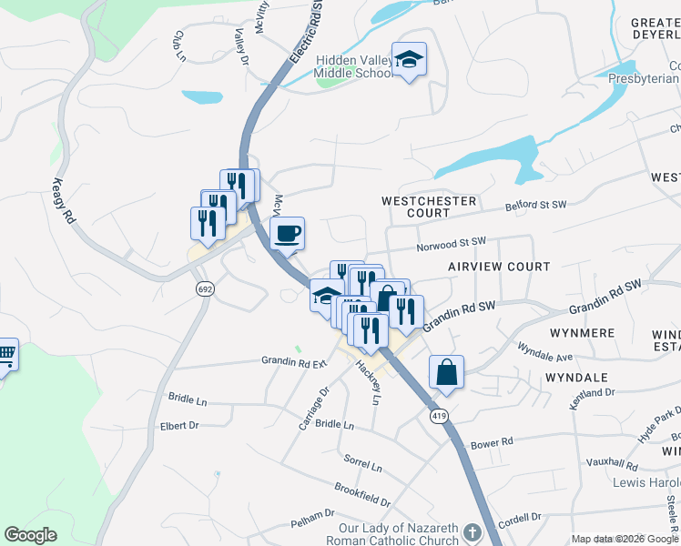 map of restaurants, bars, coffee shops, grocery stores, and more near 4935 Woodmar Drive Southwest in Roanoke