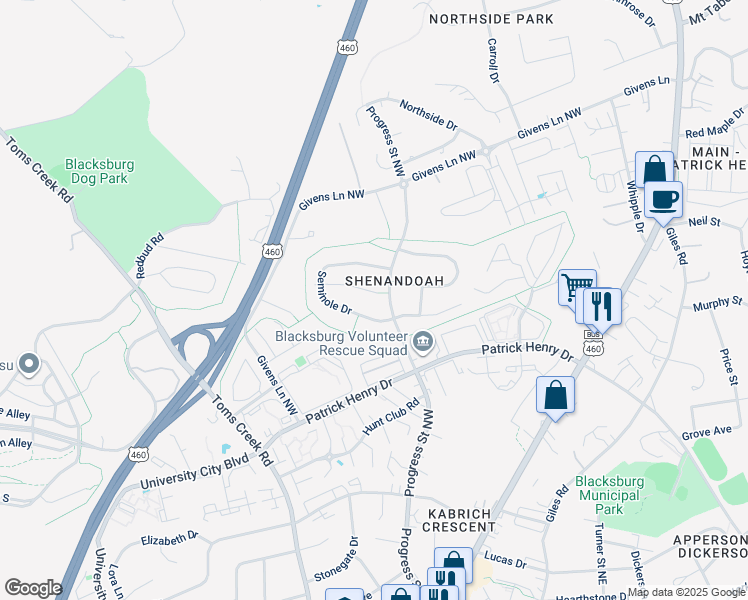 map of restaurants, bars, coffee shops, grocery stores, and more near 403 Algonquin Court in Blacksburg