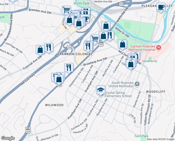 map of restaurants, bars, coffee shops, grocery stores, and more near 2504 Longview Avenue Southwest in Roanoke