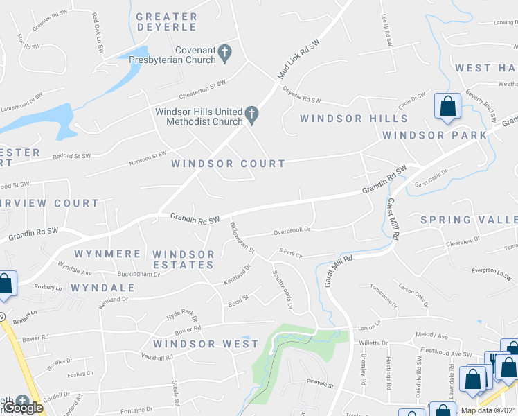 map of restaurants, bars, coffee shops, grocery stores, and more near 3560 Grandin Road Southwest in Roanoke