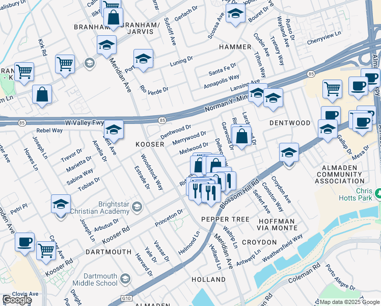 map of restaurants, bars, coffee shops, grocery stores, and more near 1430 Melwood Drive in San Jose