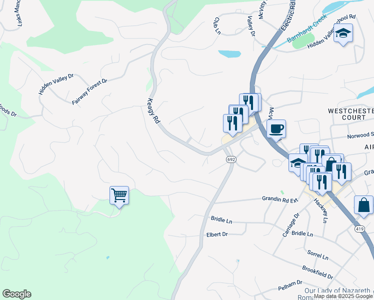 map of restaurants, bars, coffee shops, grocery stores, and more near 4817 Keagy Road in Roanoke