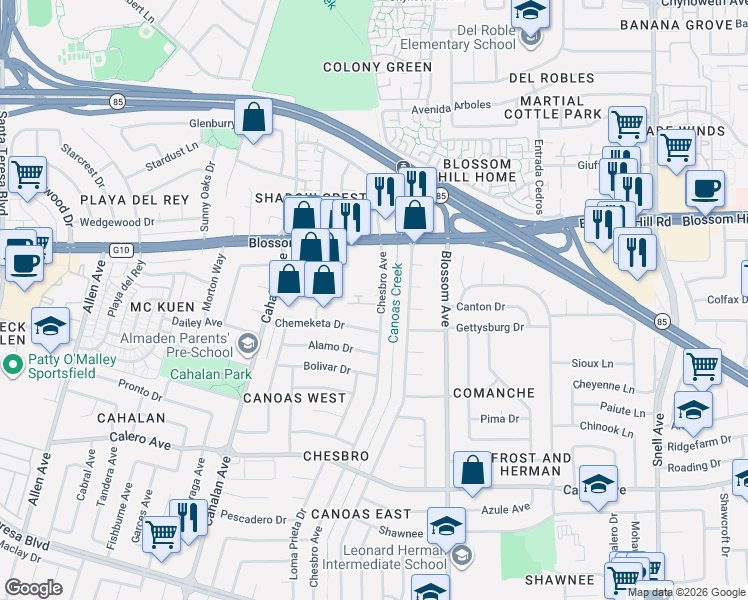 map of restaurants, bars, coffee shops, grocery stores, and more near 5705 Chesbro Avenue in San Jose