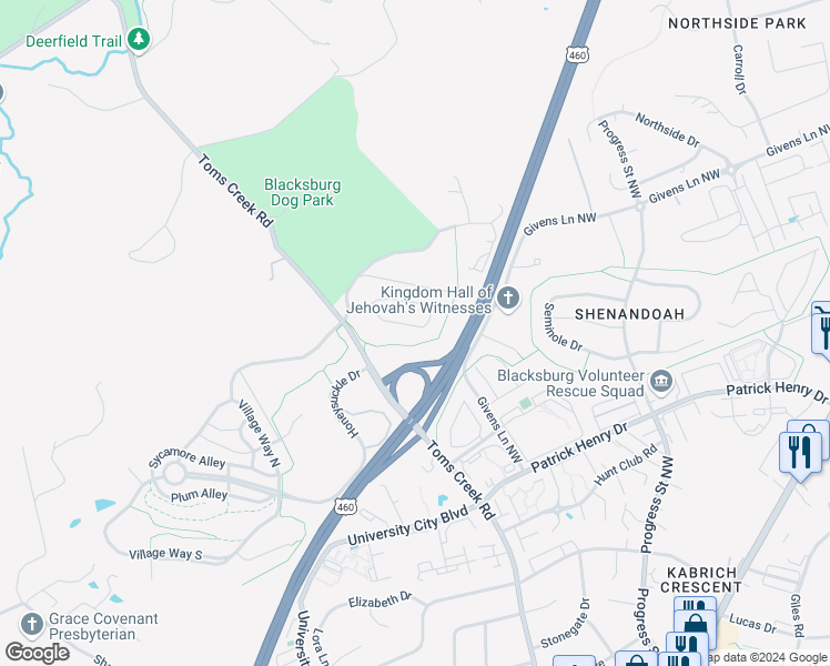 map of restaurants, bars, coffee shops, grocery stores, and more near 1209 Brook Circle in Blacksburg