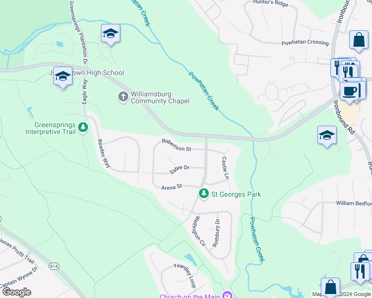 map of restaurants, bars, coffee shops, grocery stores, and more near 206 Robertson Street in Williamsburg