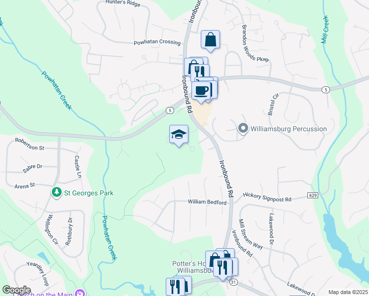 map of restaurants, bars, coffee shops, grocery stores, and more near 3131 Ironbound Road in Williamsburg