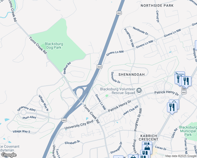 map of restaurants, bars, coffee shops, grocery stores, and more near 1410 Ashford Court in Blacksburg