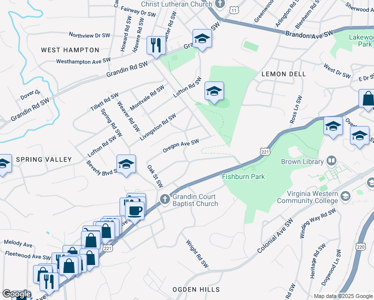 map of restaurants, bars, coffee shops, grocery stores, and more near 2477 Montgomery Avenue Southwest in Roanoke