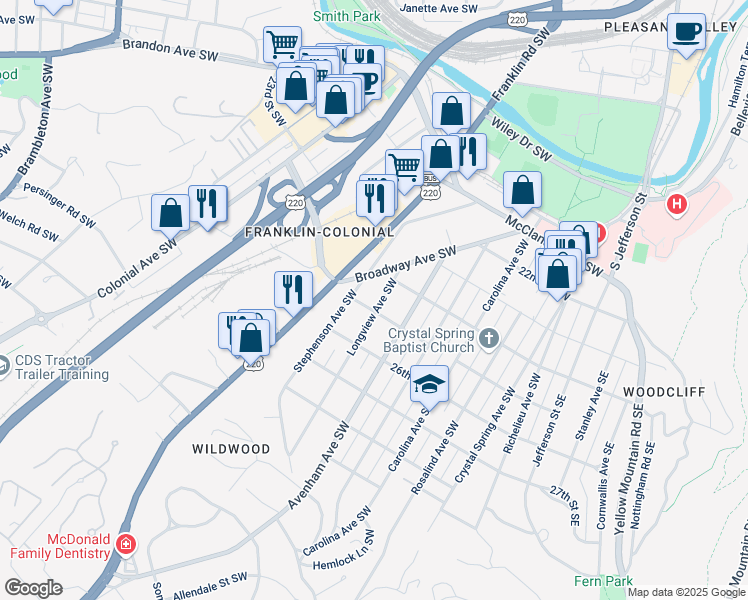 map of restaurants, bars, coffee shops, grocery stores, and more near 2425 Longview Avenue Southwest in Roanoke
