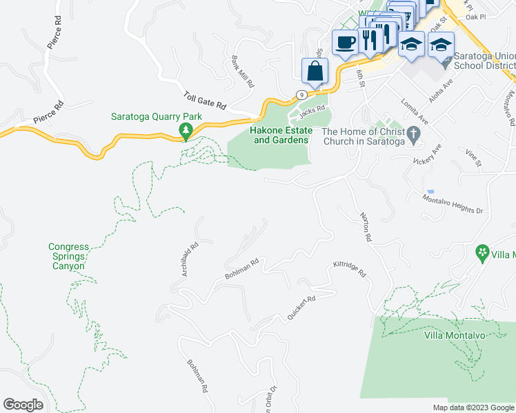 map of restaurants, bars, coffee shops, grocery stores, and more near 15389 Bohlman Road in Saratoga
