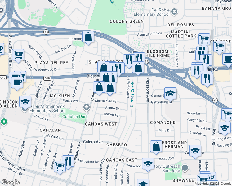 map of restaurants, bars, coffee shops, grocery stores, and more near 5723 Saxony Court in San Jose