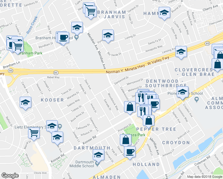 map of restaurants, bars, coffee shops, grocery stores, and more near 5278 Woodstock Way in San Jose