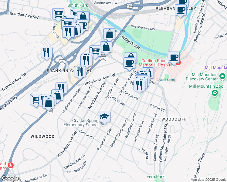 map of restaurants, bars, coffee shops, grocery stores, and more near 2406 Wycliffe Avenue Southwest in Roanoke