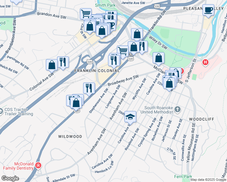 map of restaurants, bars, coffee shops, grocery stores, and more near 2504 Longview Avenue Southwest in Roanoke