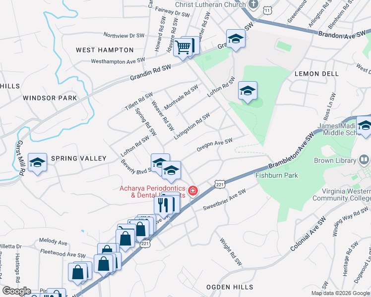 map of restaurants, bars, coffee shops, grocery stores, and more near in Roanoke