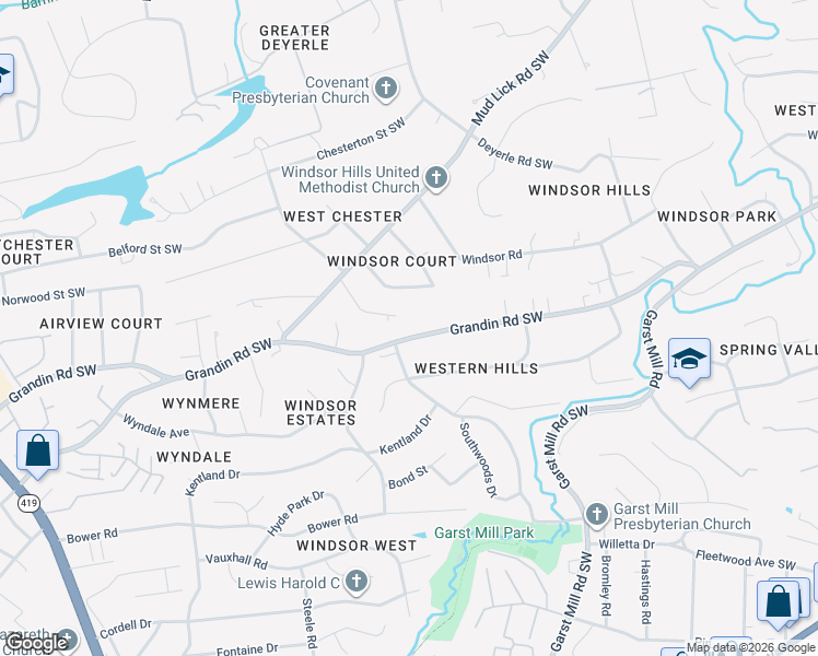 map of restaurants, bars, coffee shops, grocery stores, and more near 3588 Grandin Road in Cave Spring