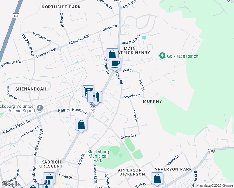 map of restaurants, bars, coffee shops, grocery stores, and more near 1268-1298 Giles Road in Blacksburg