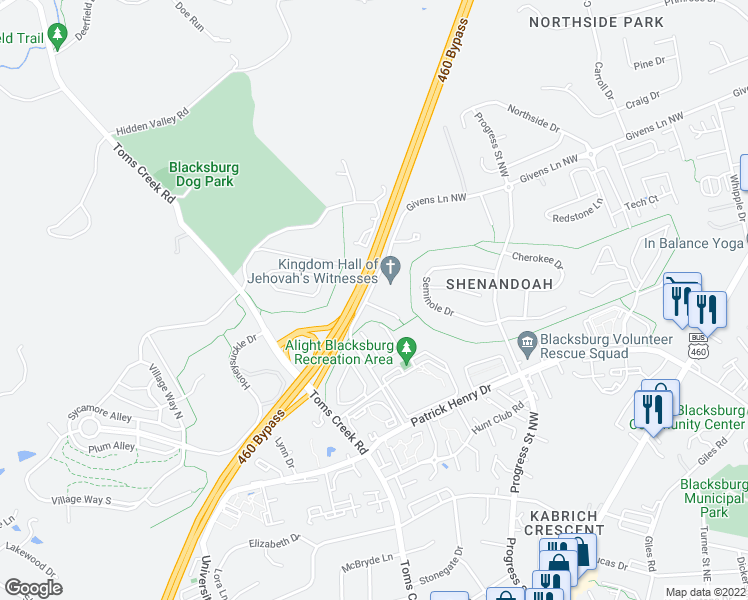map of restaurants, bars, coffee shops, grocery stores, and more near 1409 Ashford Court in Blacksburg