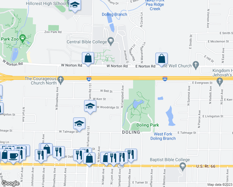 map of restaurants, bars, coffee shops, grocery stores, and more near 422 West Bell Street in Springfield