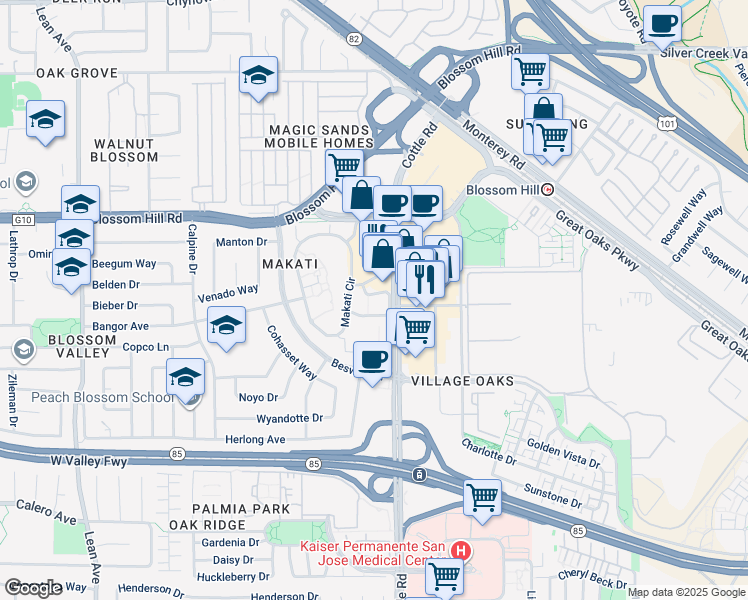 map of restaurants, bars, coffee shops, grocery stores, and more near 5715 Makati Circle in San Jose