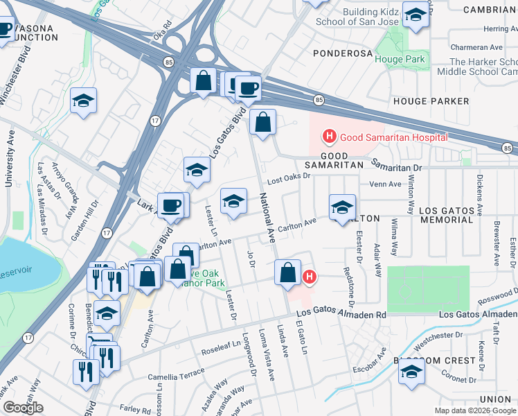 map of restaurants, bars, coffee shops, grocery stores, and more near 230 Penn Way in Los Gatos