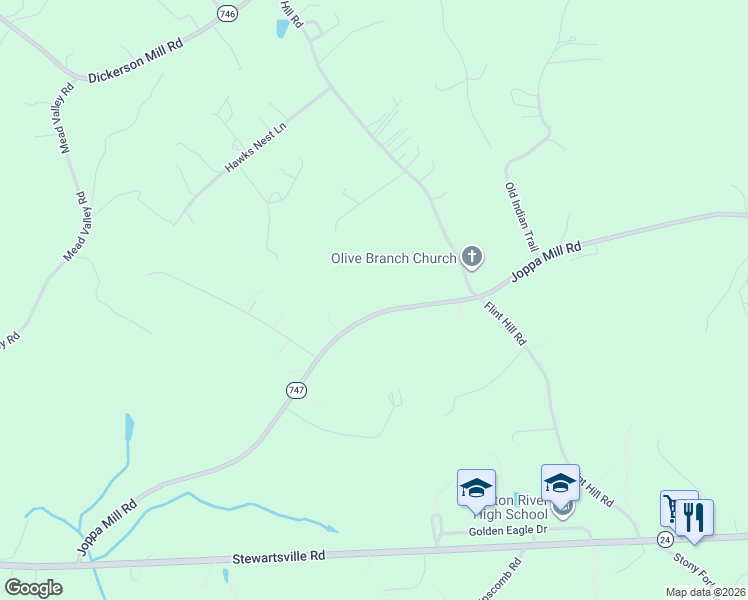 map of restaurants, bars, coffee shops, grocery stores, and more near 6260 Joppa Mill Road in Moneta