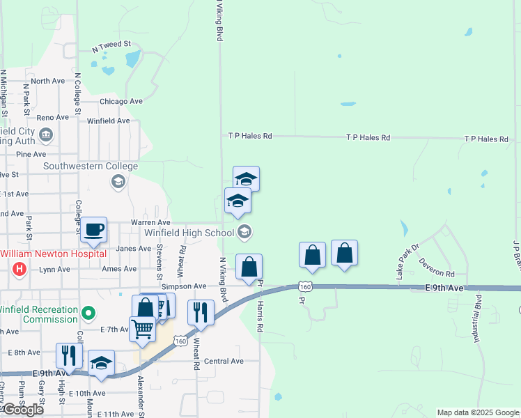 map of restaurants, bars, coffee shops, grocery stores, and more near 300 North Viking Boulevard in Winfield