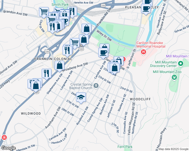map of restaurants, bars, coffee shops, grocery stores, and more near 406 23rd Street Southwest in Roanoke