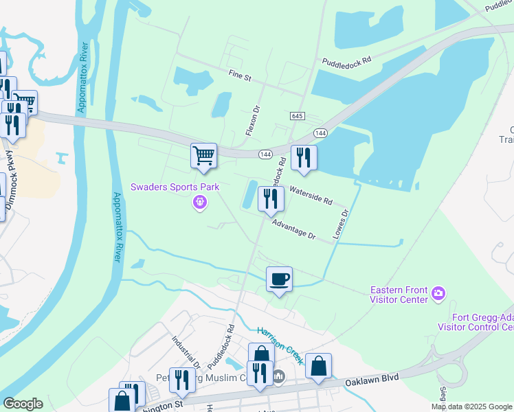 map of restaurants, bars, coffee shops, grocery stores, and more near 4710 Puddledock Road in Prince George