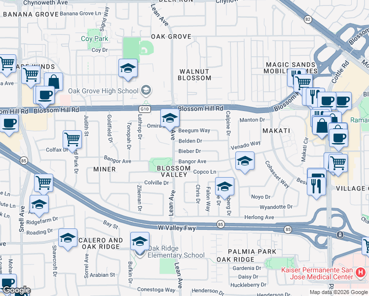 map of restaurants, bars, coffee shops, grocery stores, and more near 271 Bieber Drive in San Jose