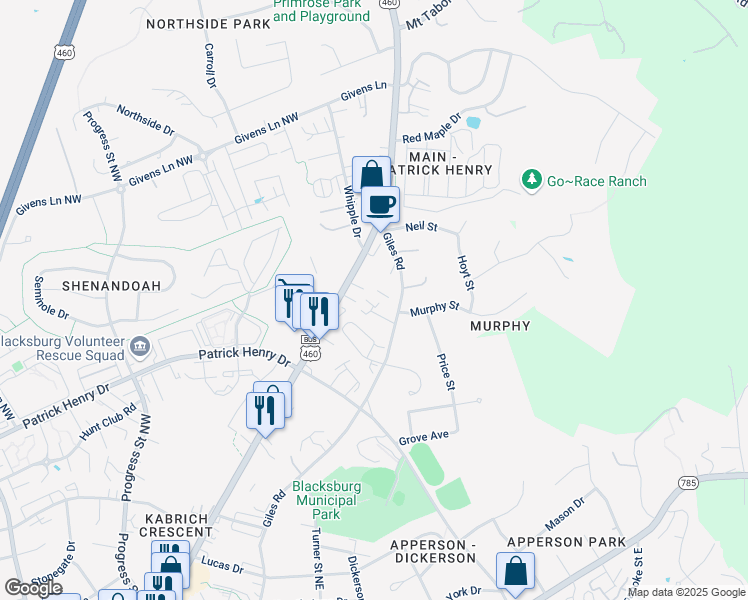 map of restaurants, bars, coffee shops, grocery stores, and more near 209 Tee Street in Blacksburg